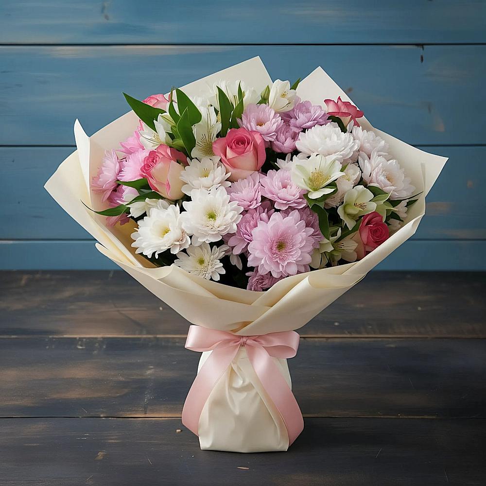 Букет цветов из: Хризантемы, Альстромерии и Розы в Синегорье